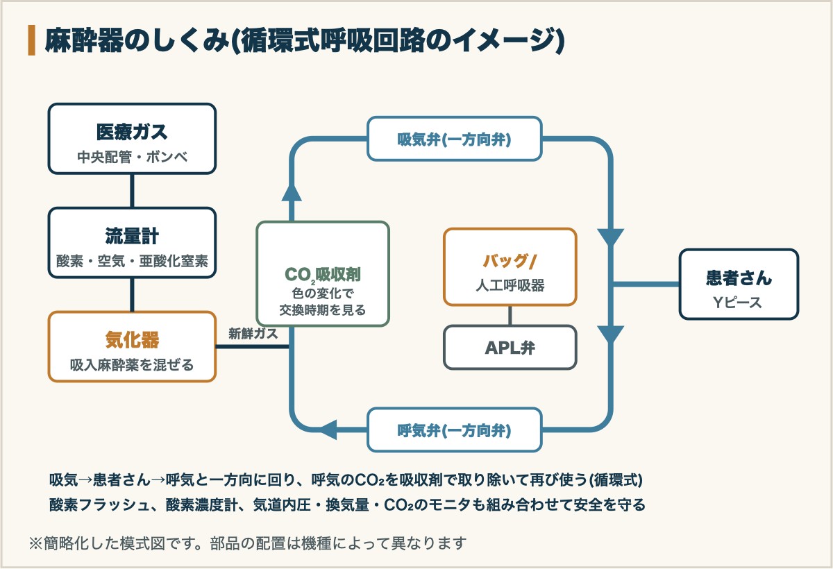 麻酔器のしくみ(循環式呼吸回路のイメージ)